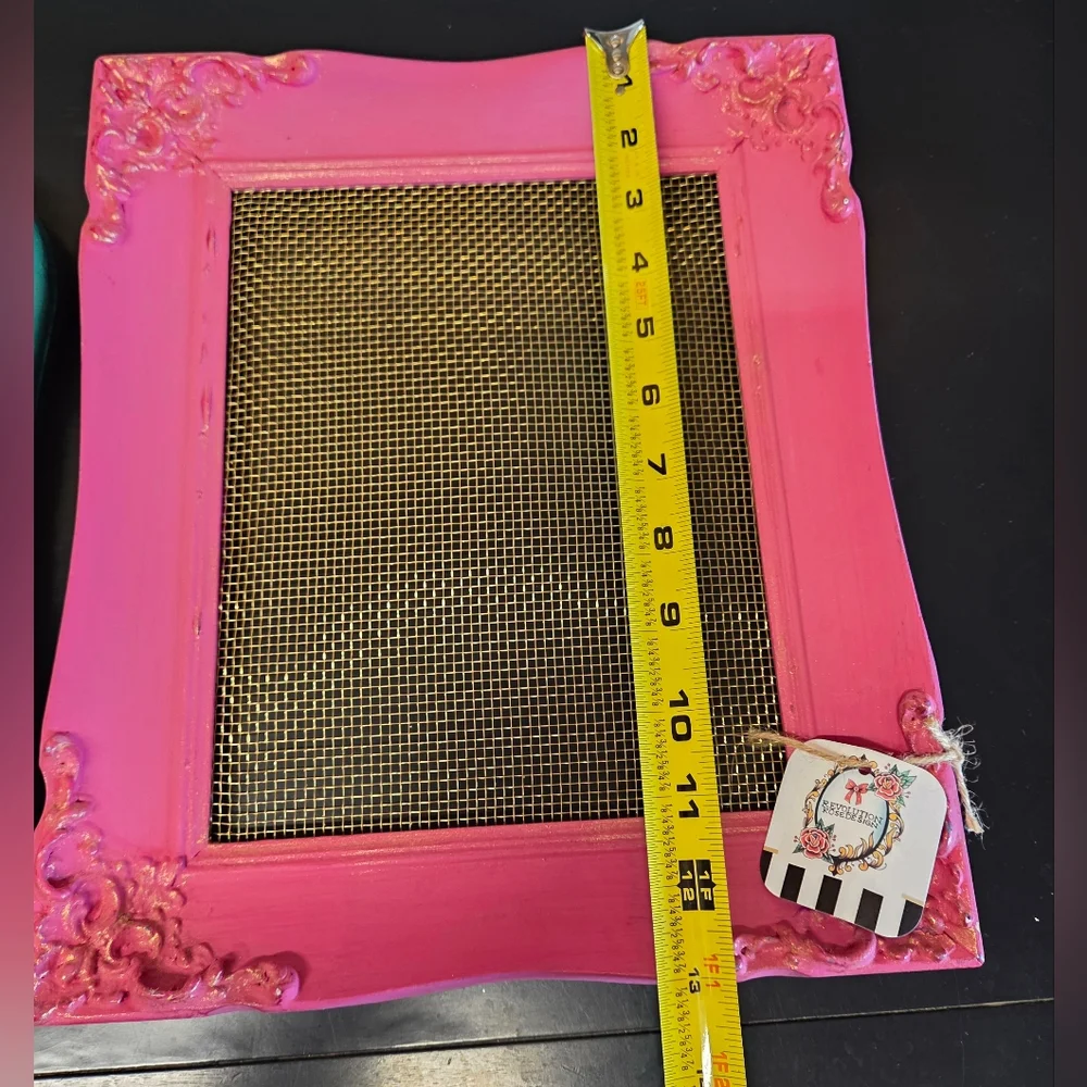 Hot Pink Ornate Wooden Frame W/ Gold Mesh Screen For Jewelry Hanging (11